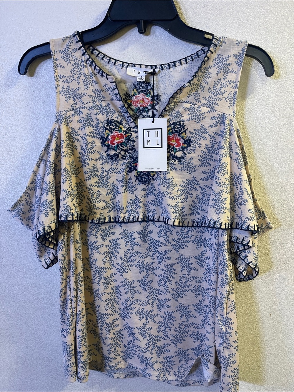 THML Beige Floral Cold-Shoulder Top with Navy and Pink Embroidery - Picture 5 of 5